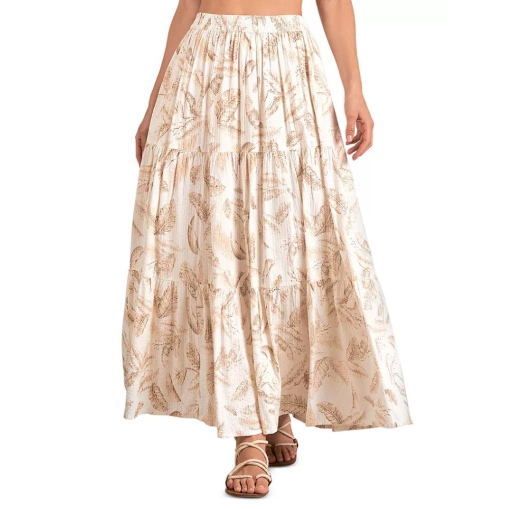 Elan Maxi Skirt Women XL Beige Lima Leaf Print Tiered Boho TP4152 New